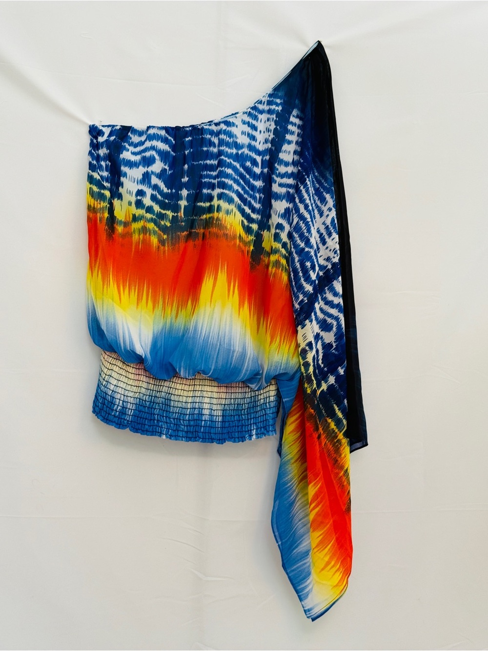 Arden B One-Shoulder Tie-Dye Blouson tops in Blue, Red, Yellow